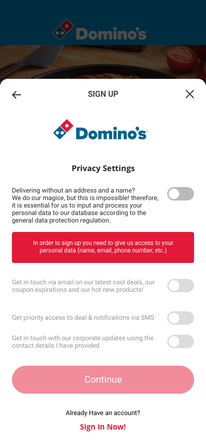 Sign up modal filled