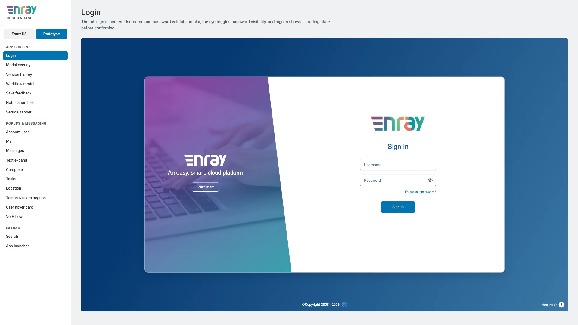 The Enray UI showcase on the prototype tab: the full sign-in screen beside a navigator of app screens, popups, and messaging flows
