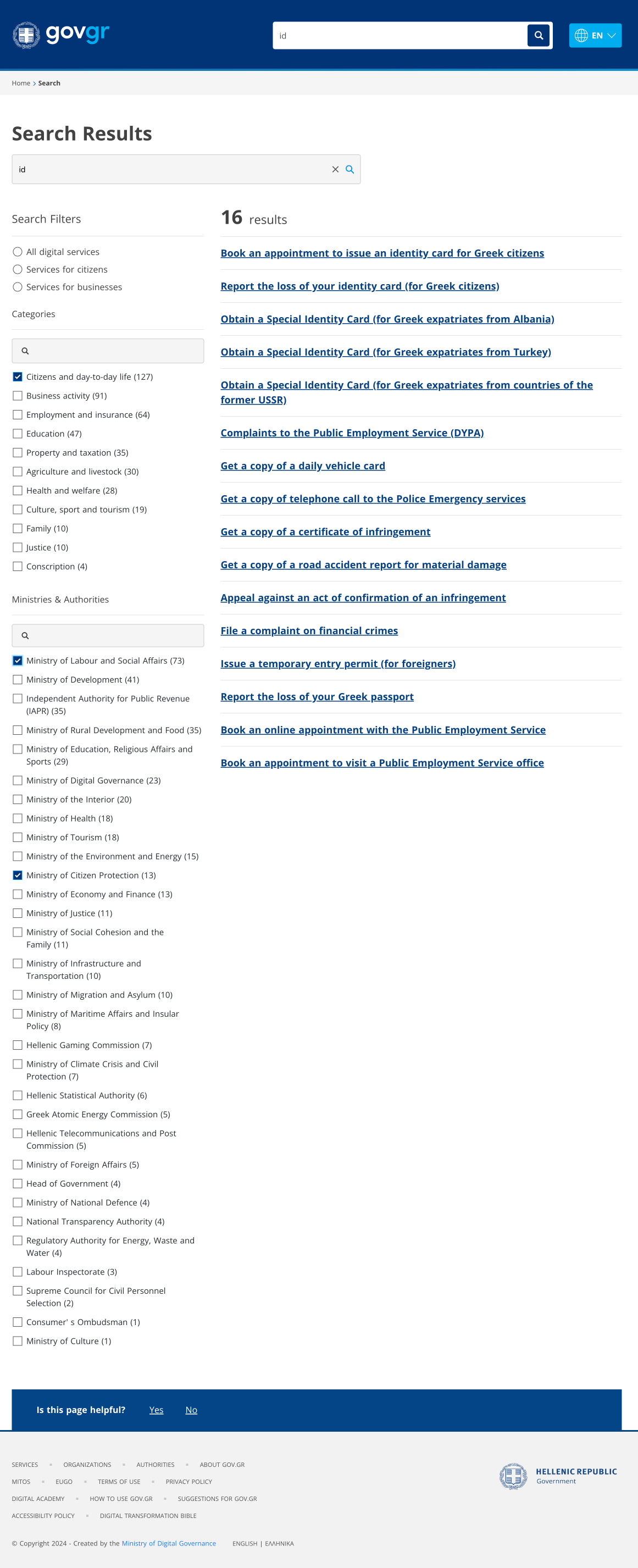 Faceted search results, filtered by citizen or business, category, and ministry, each with live counts.