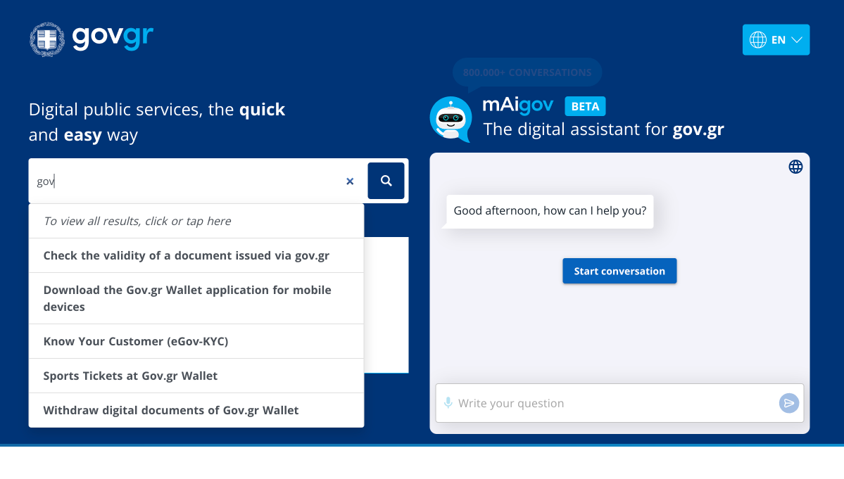 Gov.gr homepage with search and mAigov digital assistant