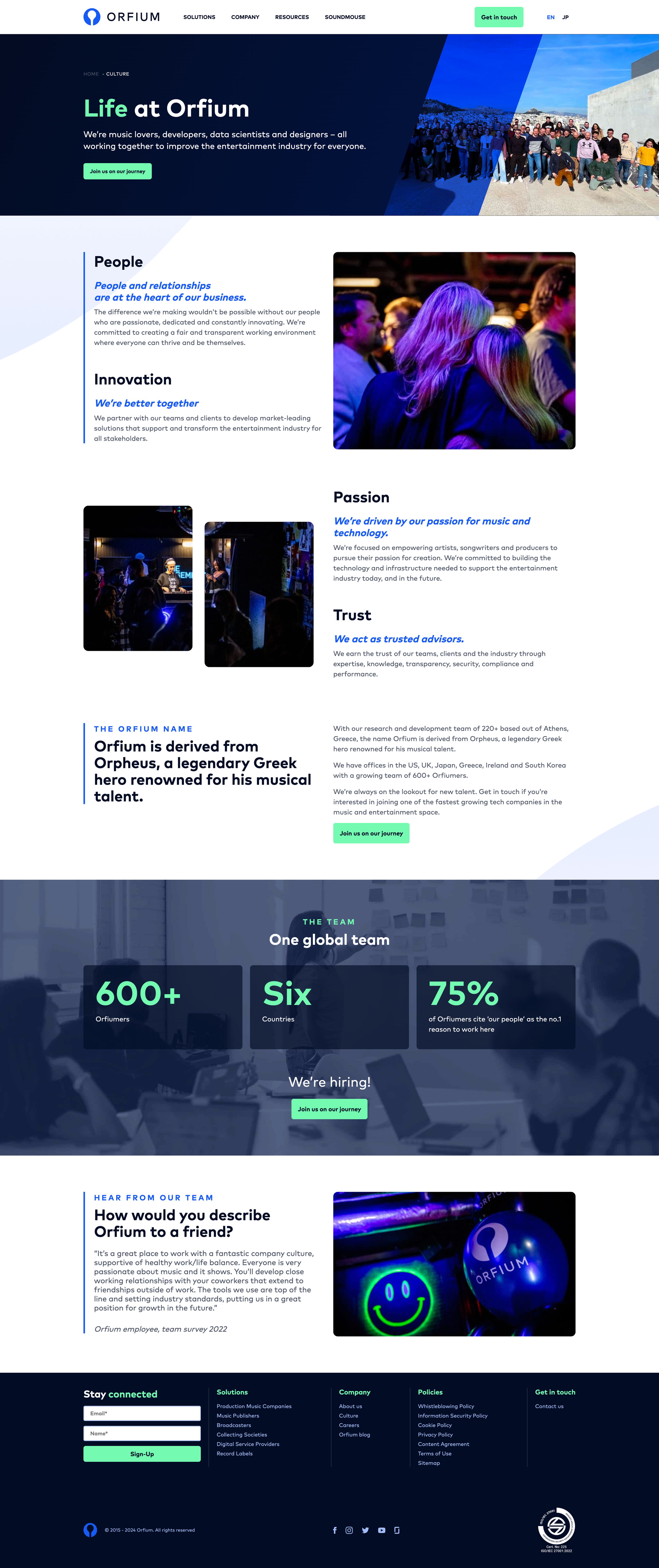 Orfium culture page displaying company values, team life, and workplace environment