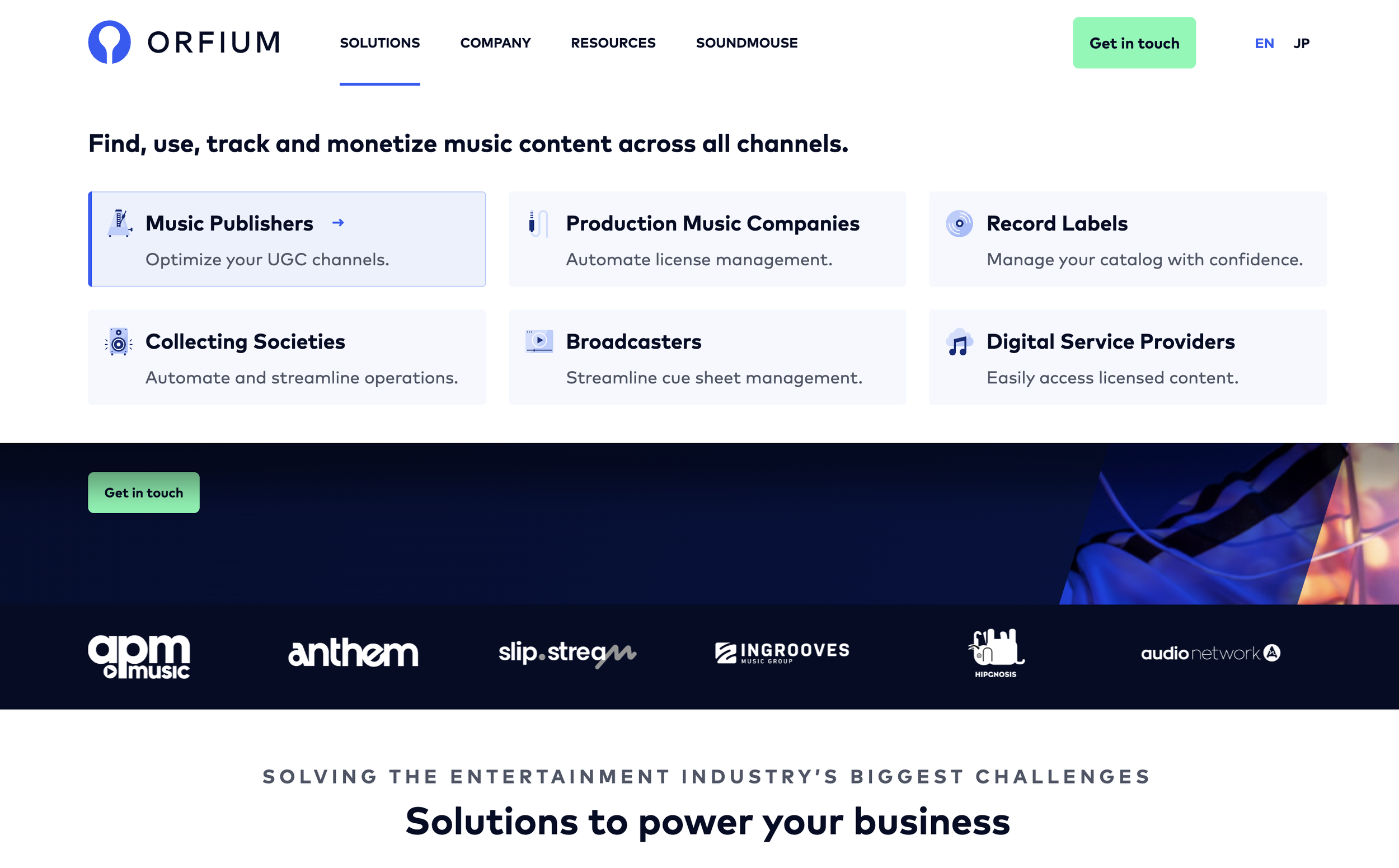 Orfium homepage showing service cards for music publishers, production companies, and record labels