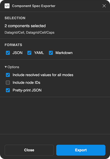 Component Spec Exporter plugin: two Datagrid/Cell components selected, exporting JSON, YAML, and Markdown.